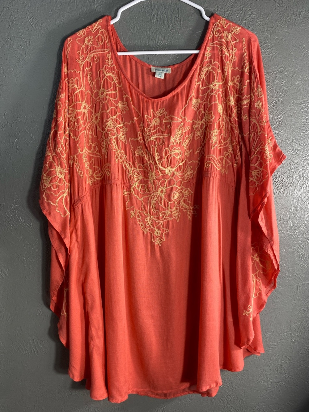 Sundance Tunic Womens L Rust 100% Modal Embroidered Boho Batwing Dolman Top